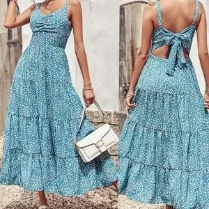 Women's Boho Floral Maxi Dress - Spaghetti Strap Smocked Tiered Sundress For Summer - View #6